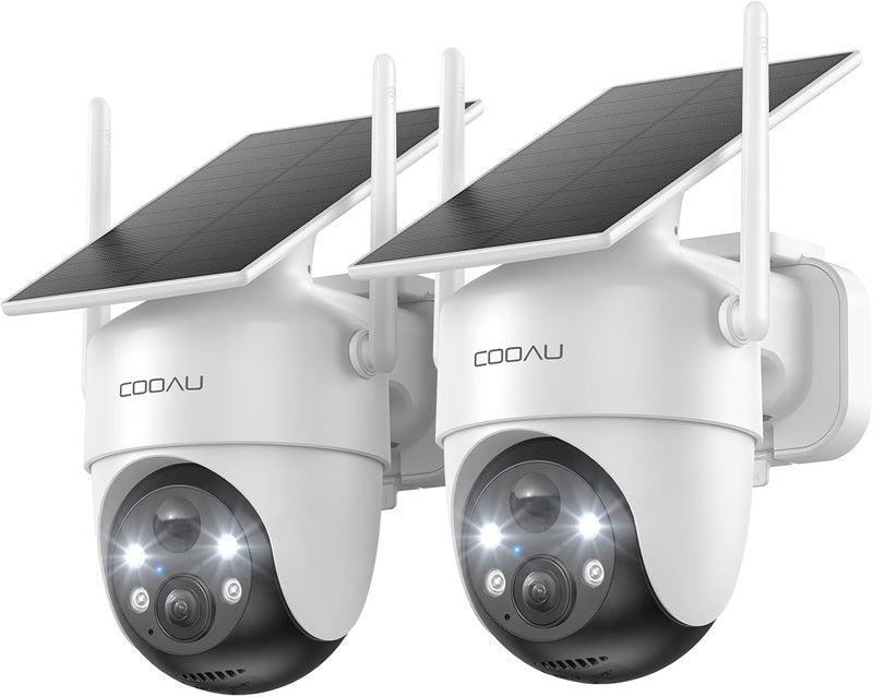 COOAU كاميرات للأمن المنزلي، كاميرات أمنية شمسية 2K 360° لاسلكية خارجية، قابلة لإعادة الشحن في الإضاءة المنخفضة، سهلة التركيب، كاميرا مراقبة مع كشف ذكي بالذكاء الاصطناعي، رؤية ليلية ملونة، صوت ثنائي الاتجاه - Image 1